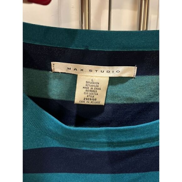 Max Studio Women’s Knit Striped Sweater Dress Sz L Blue Teal Stretch - Picture 2 of 8